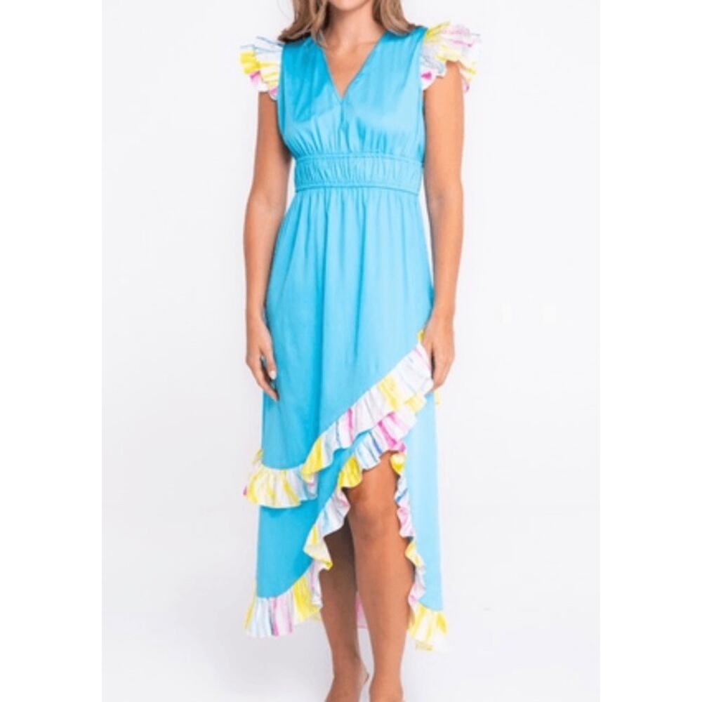 Alden Adair Willow Maxi Ruffle V-Neck Hi-Low Ocean Dress Women’s XS Blue